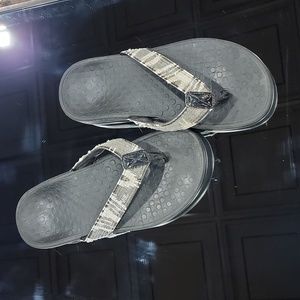 Zebra pattern under sequin, black, Vionic thong sandal